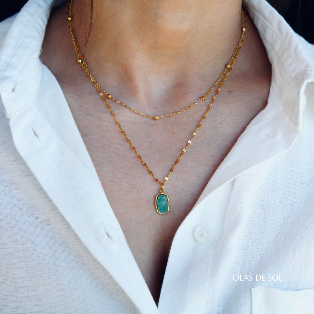 Collar Amazonita de mar - acero inoxidable bañado en oro 18k