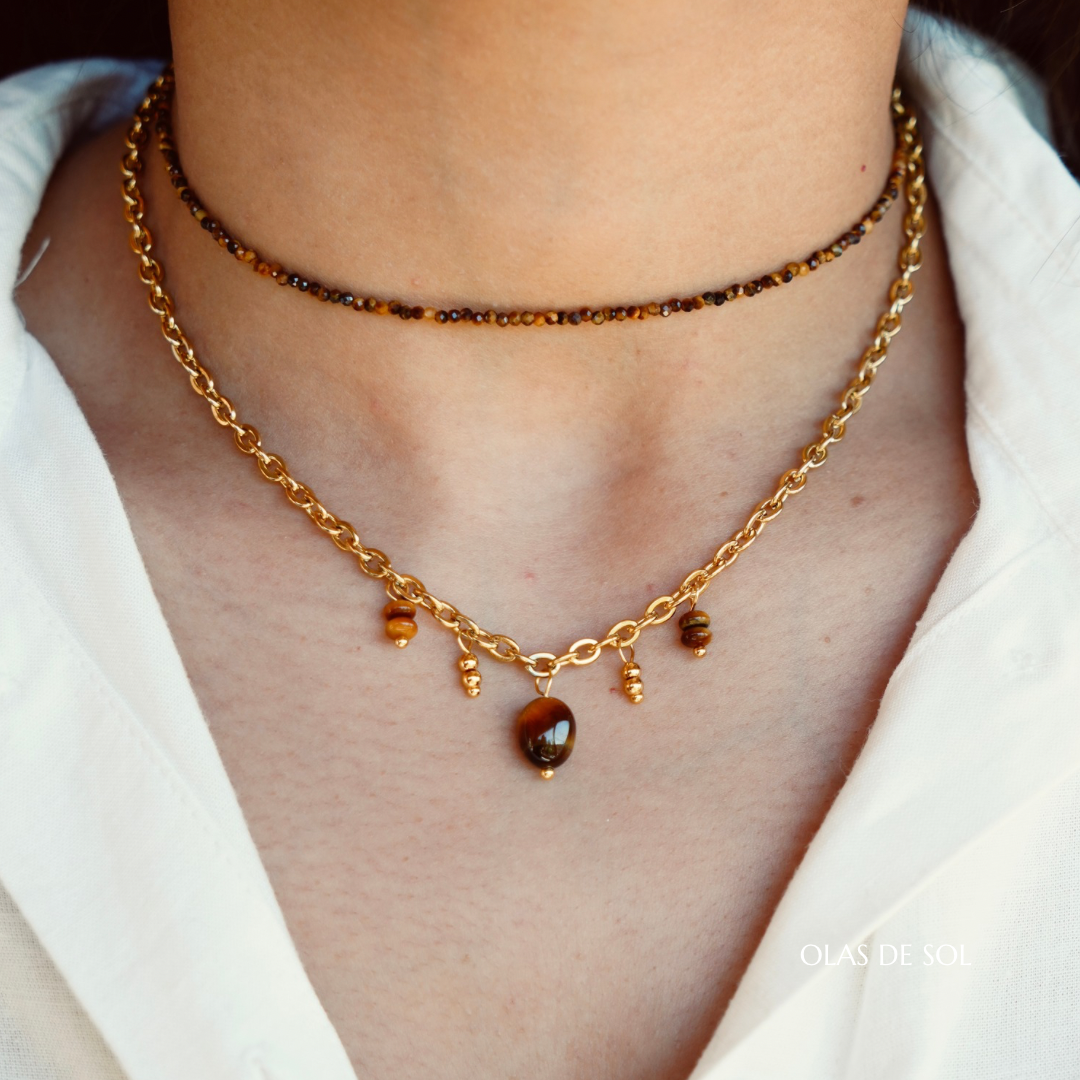 Collar Ojo de tigre - acero inoxidable bañado en oro 18k