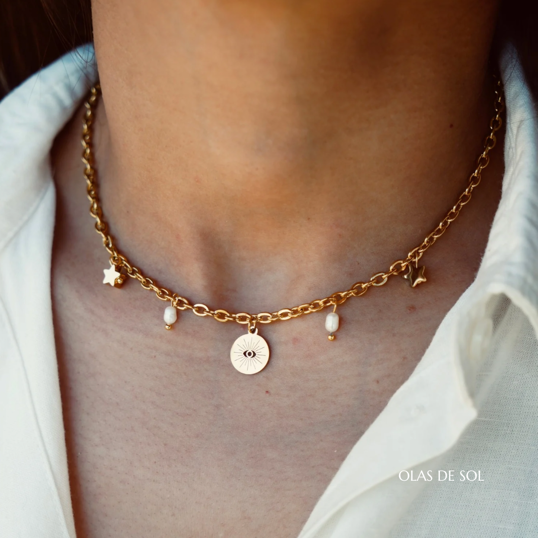 Collar Talayots - acero inoxidable bañado en oro 18k, nácar