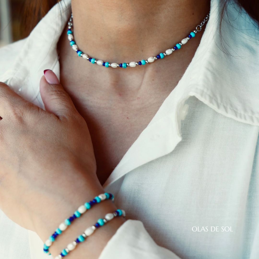 Collar Seabed - acero inoxidable, nácar, turquesa, cristal