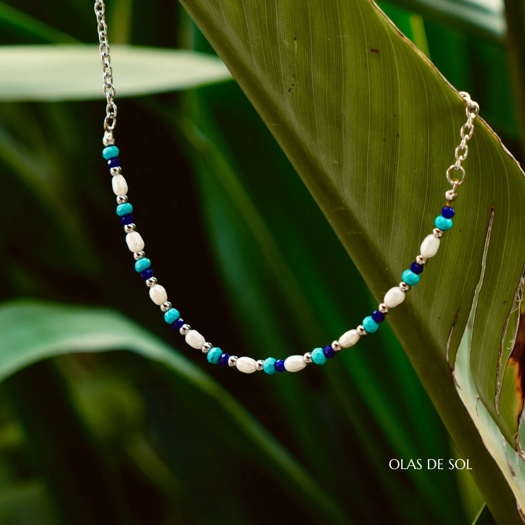 Collar Seabed - acero inoxidable, nácar, turquesa, cristal