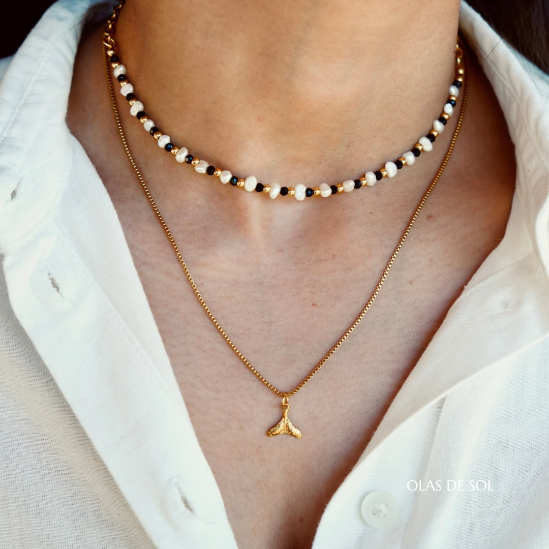 Collar Noches de verano - acero inoxidable bañado en oro 18k, nácar, cristal