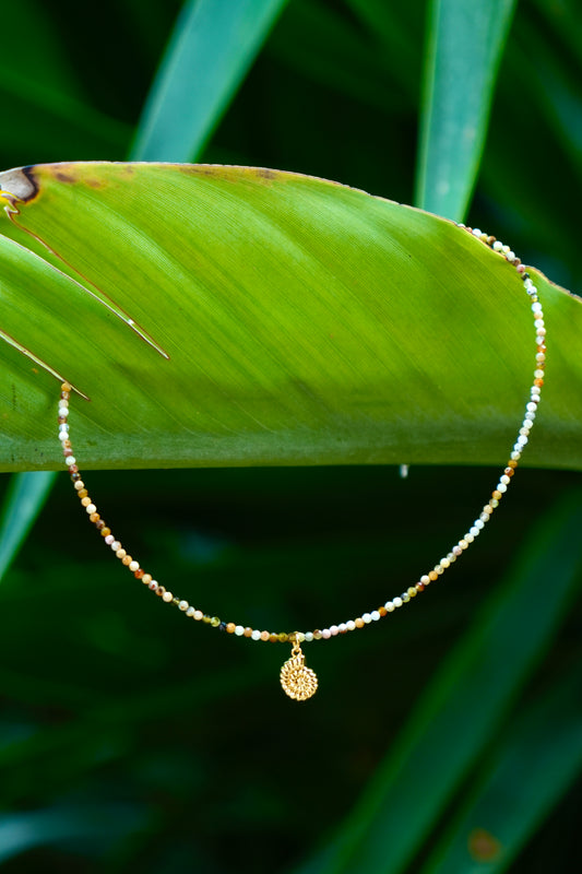 Collar ojo de tigre con charm caracola