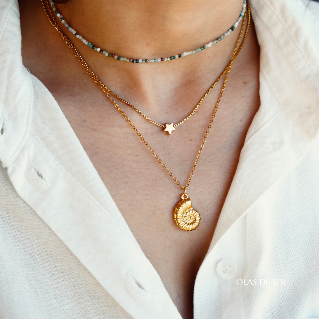 Collar Nautilus - acero inoxidable baño de oro 18k