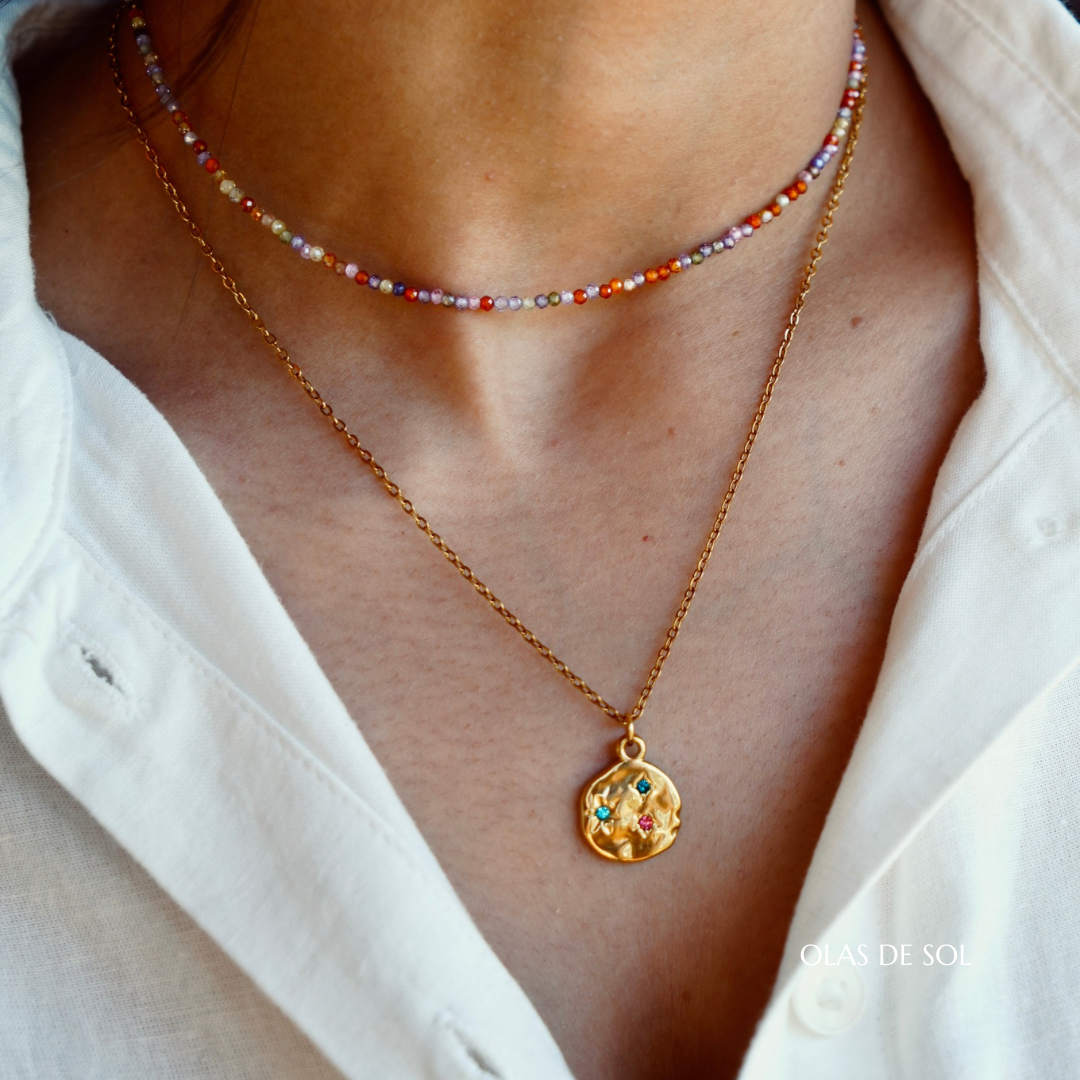 Collar circonitas multicolor - acero inoxidable bañado en oro 18k
