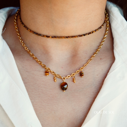 Collar Ojo de tigre - acero inoxidable bañado en oro 18k