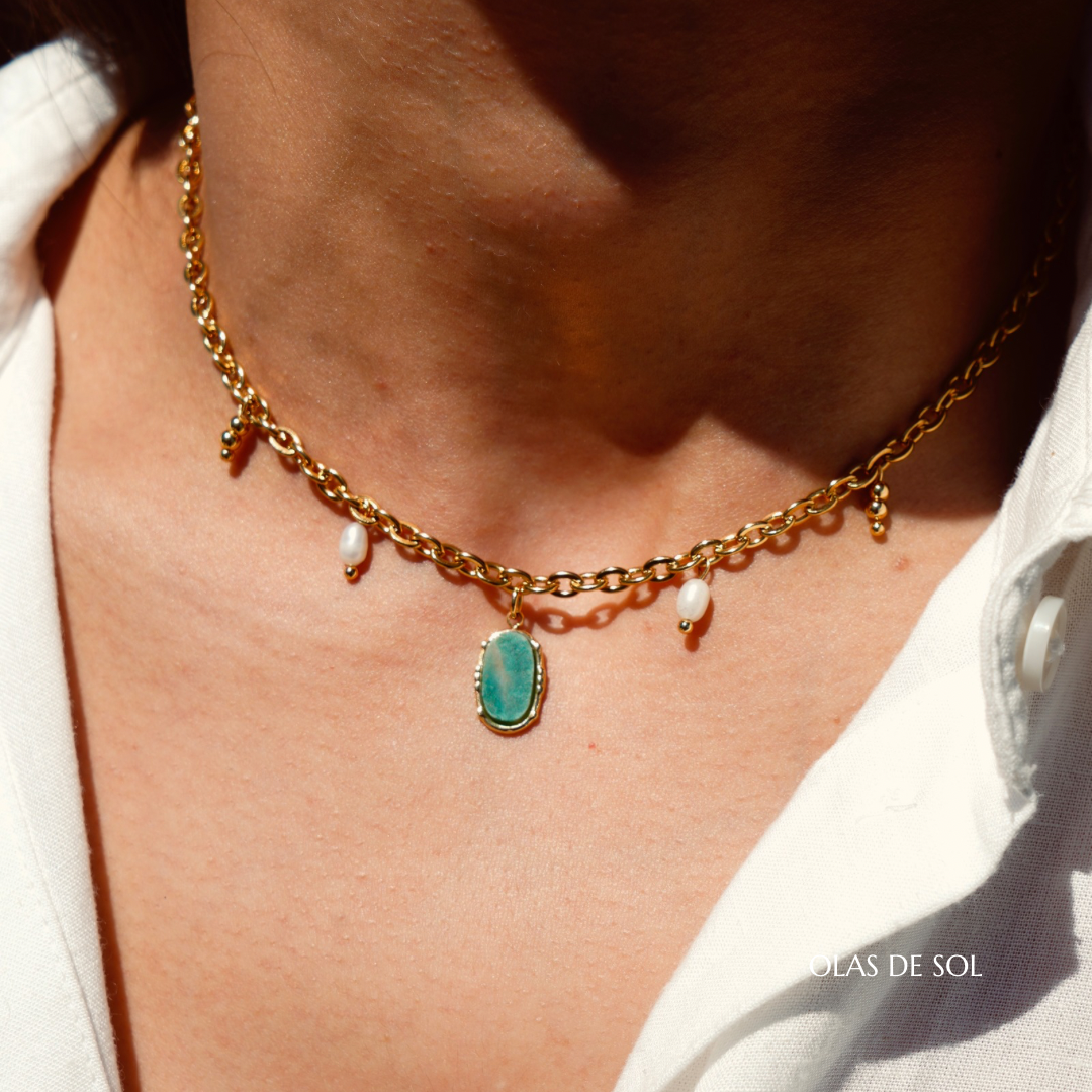 Collar Ses Illetes - acero inoxidable bañado en oro 18k, amazonita