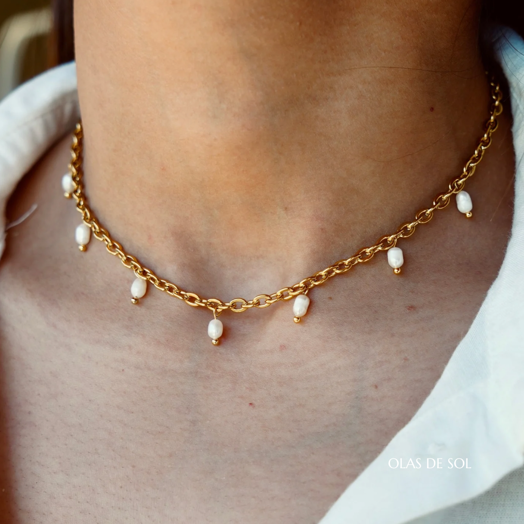 Collar L’illa del fars - acero inoxidable bañado en oro 18k, perlas de cultivo
