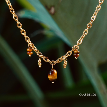 Collar Cova del Sol - acero inoxidable bañado en oro 18k, ojo de tigre