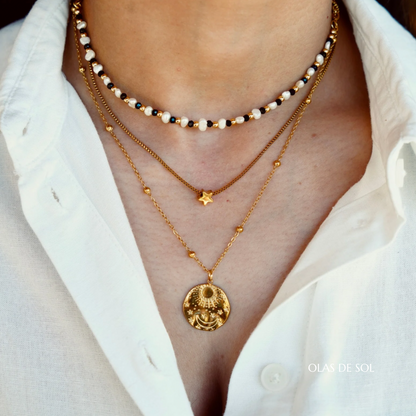 Collar Noches de verano - acero inoxidable bañado en oro 18k, nácar, cristal