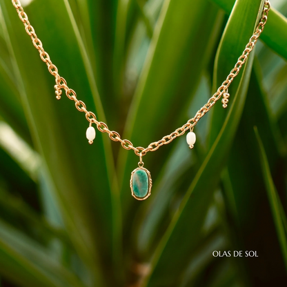 Collar Ses Illetes - acero inoxidable bañado en oro 18k, amazonita