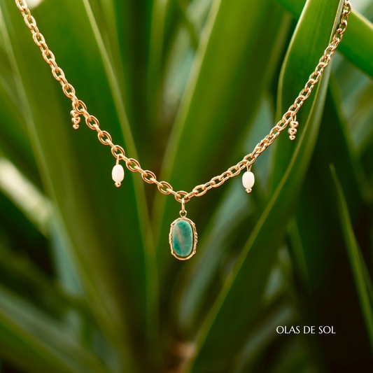 Collar Ses Illetes - acero inoxidable bañado en oro 18k, amazonita