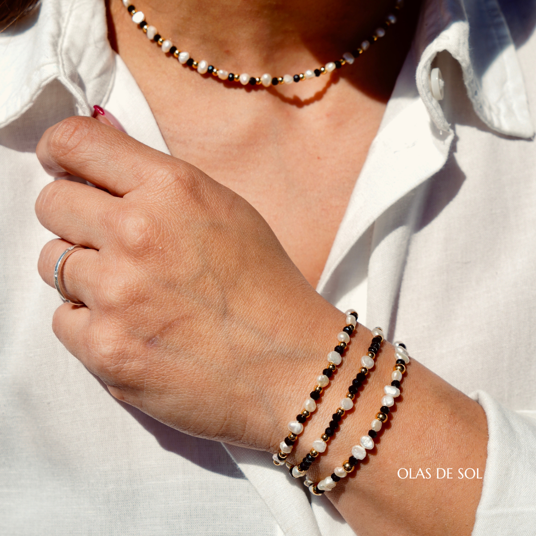 Pulsera Noches de verano Ref.2 - acero inoxidable bañado en oro 18k, perlas, cristal