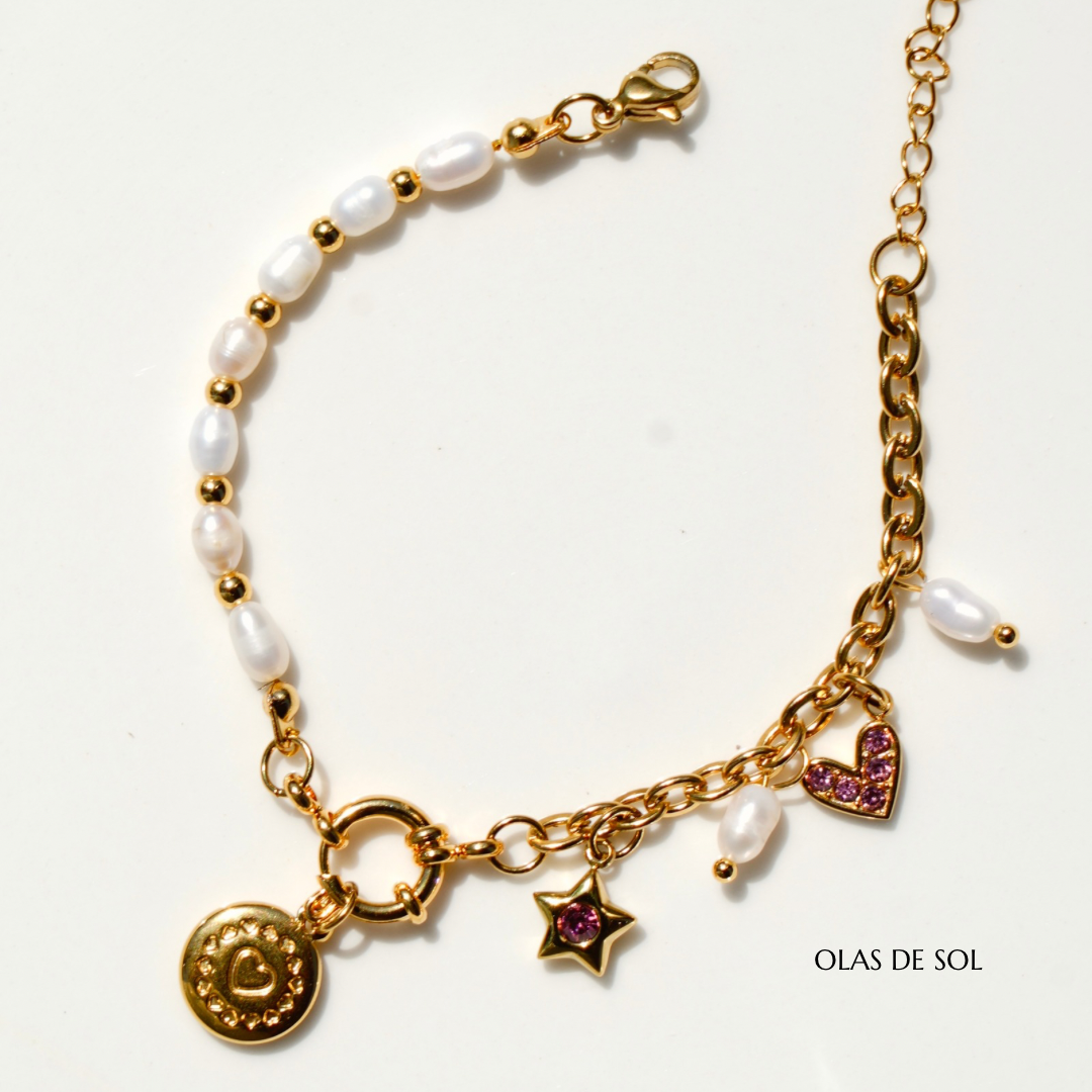 Pulsera Pink charms - acero inoxidable bañado en oro 18k