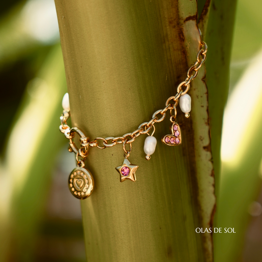 Pulsera Pink charms - acero inoxidable bañado en oro 18k